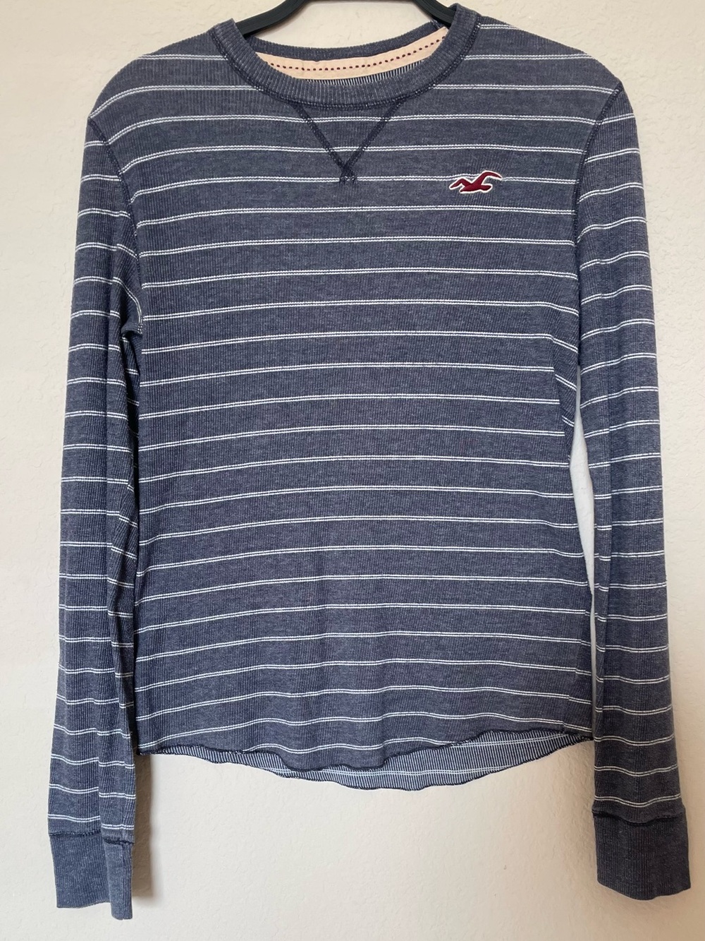 Hollister Navy Striped Long Sleeve Thermal Style Shirt with Red Logo Patch